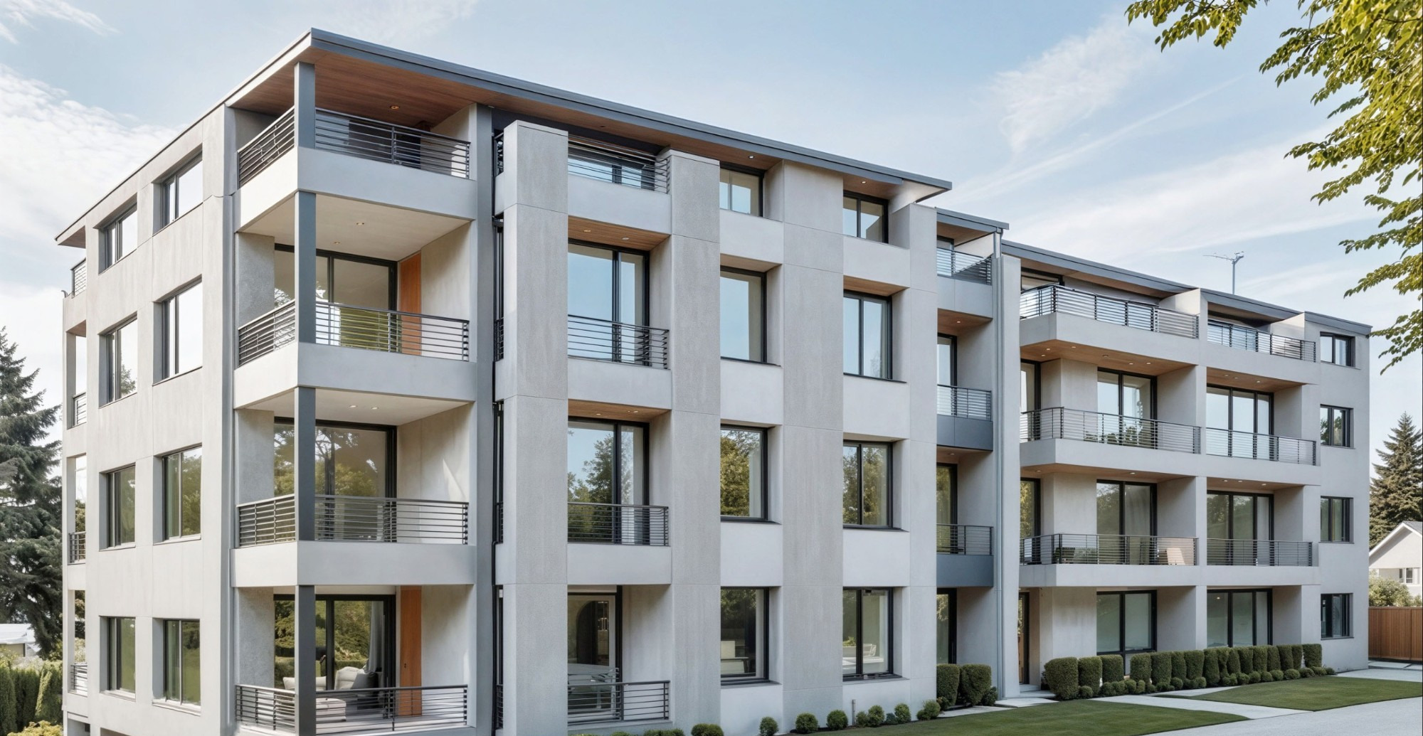 Kanaan 2 in daylight: light grey facade, recessed balconies with metal railings and a landscaped front garden